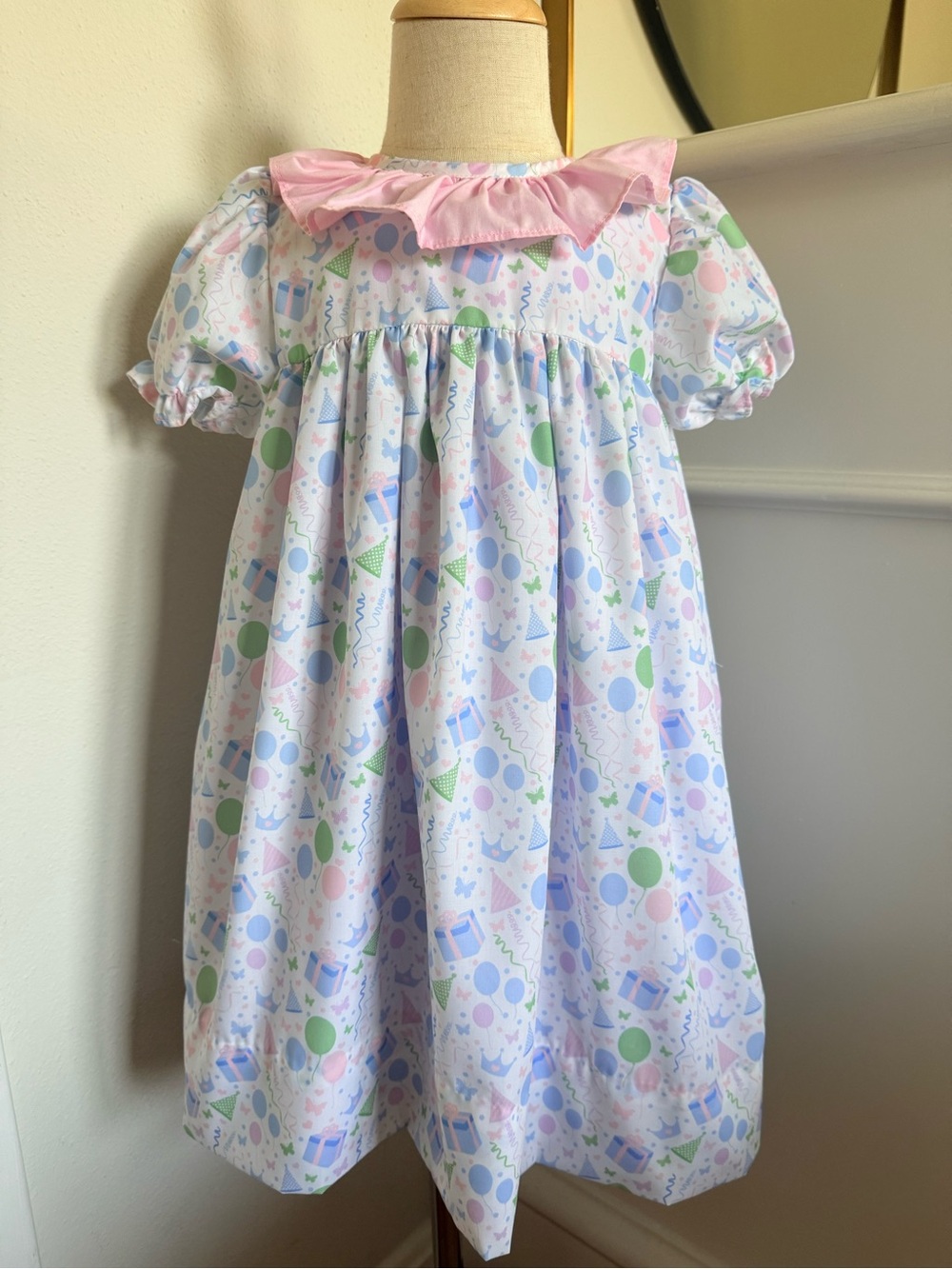 Cecil and Lou Girls 5 Pastel Party Print Dress Pink Ruffle Collar Birthday